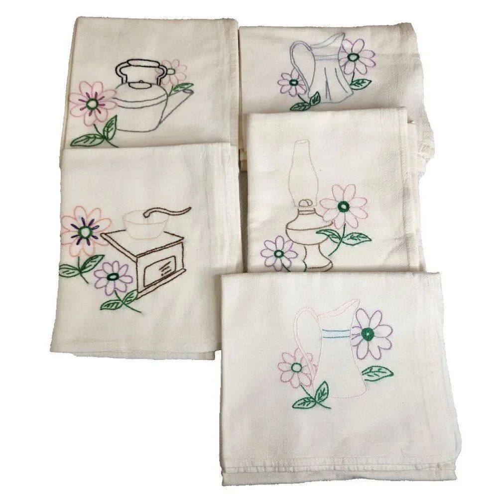 Vintage Hand Embroidered Tea Towels Kitchen Lot 5 Kettle Coffee Lot 5 Muslin